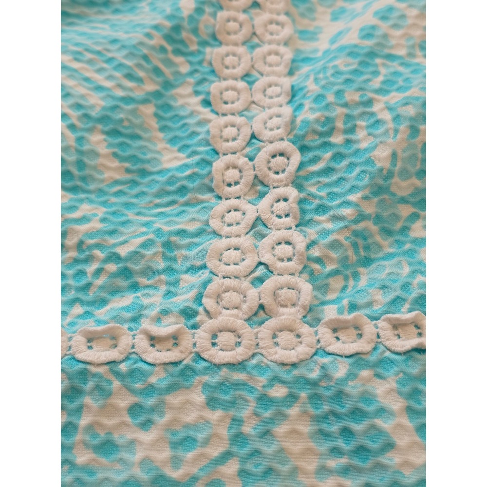Lilly Pulitzer Turquoise Shell Print Seersucker Shift Dress Crochet Lace Trim 8 - Picture 7 of 12